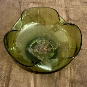 Vintage MCM Anchor Hocking Avocado green ruffle top glass bowl. Large bowl.